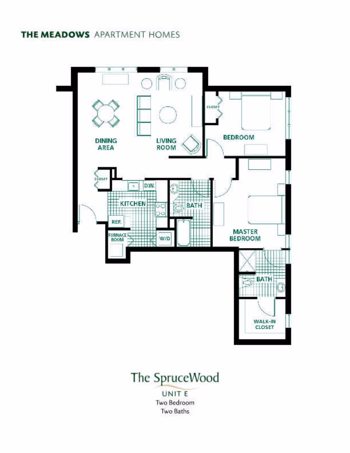 Floor plan titled 'The SpruceWood Unit E' showing a two‑bedroom, two‑bath apartment with living room, dining area, kitchen, and walk‑in closet.