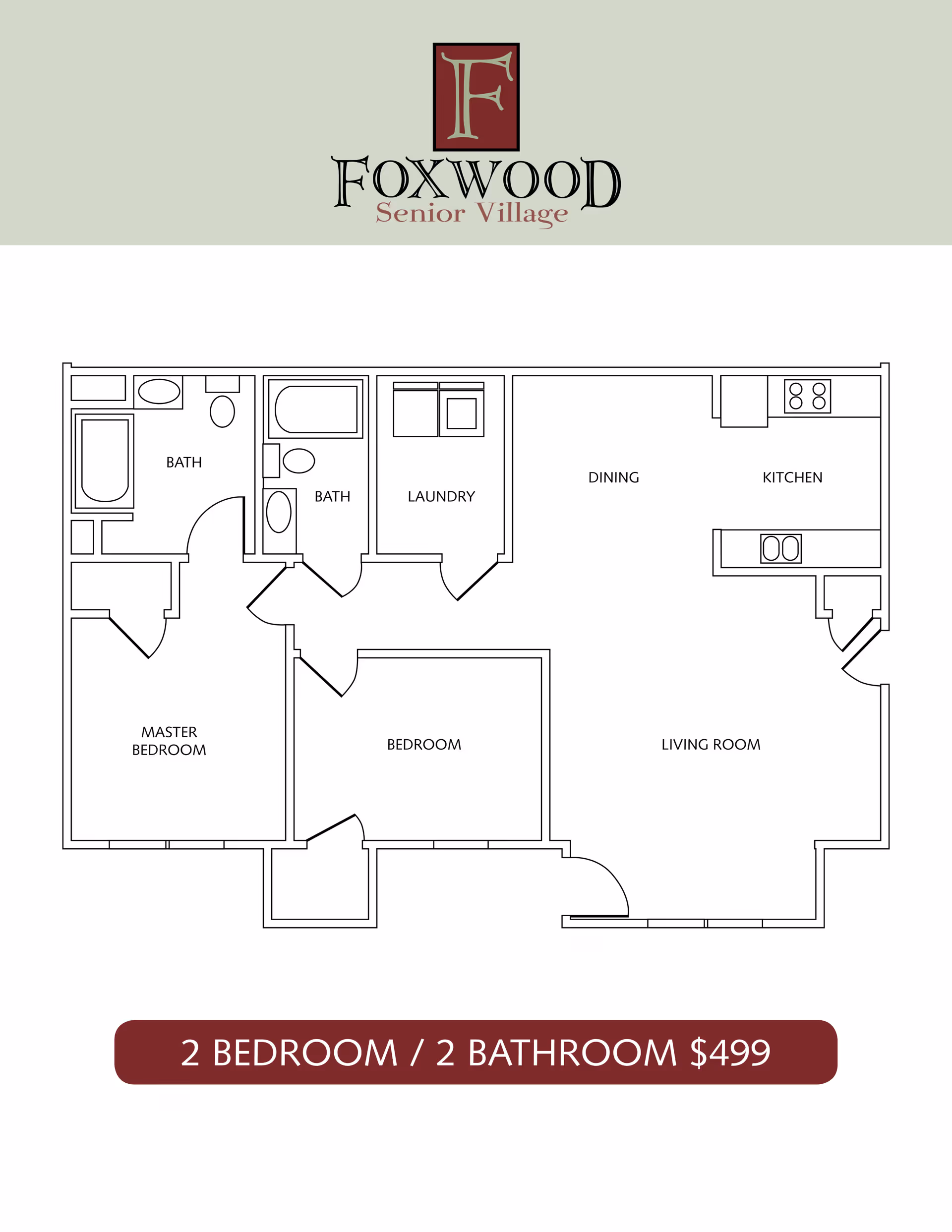 Floor plan of a 2 bedroom, 2 bathroom apartment at Foxwood Senior Village, showing a master bedroom with attached bath, a second bedroom, a second bath, laundry room, dining area, kitchen, and living room.