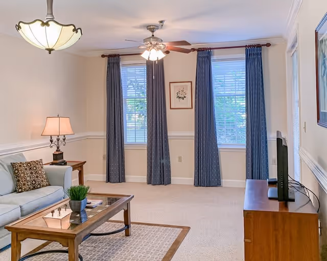 A cozy living room with a light blue sofa adorned with patterned pillows, a wooden coffee table with a small potted plant and magazines, a side table with a lamp, two large windows with blue curtains, a ceiling fan with lights, and a wooden TV stand with a flat-screen television.
