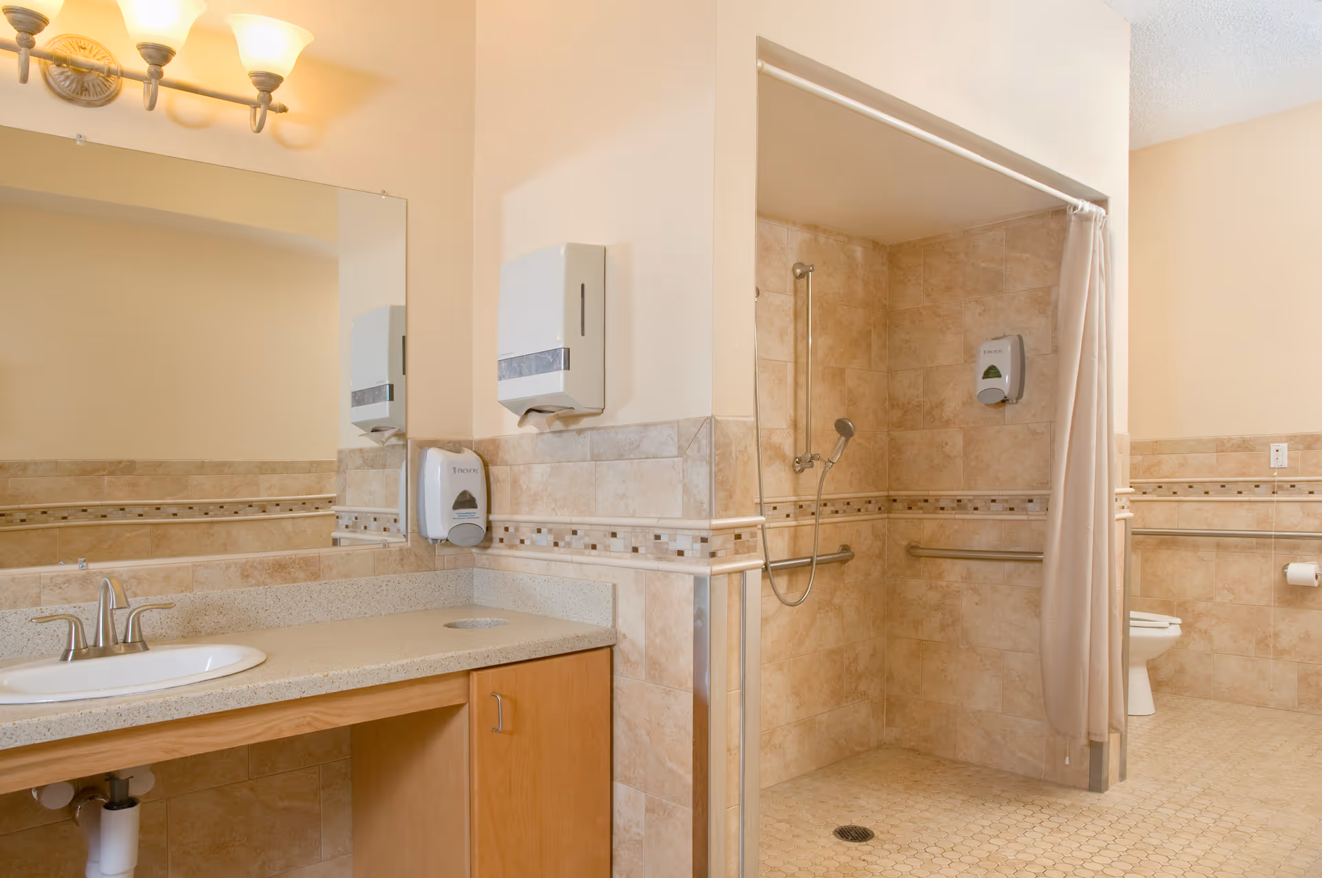 A clean and accessible bathroom featuring a sink with a countertop and cabinet, a large mirror, wall-mounted soap and paper towel dispensers, a walk-in tiled shower with grab bars and a handheld showerhead, and a toilet with a toilet paper holder on the wall.