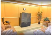 Common area with a large television on a stand, upholstered chairs, wood-paneled walls, and potted plants.