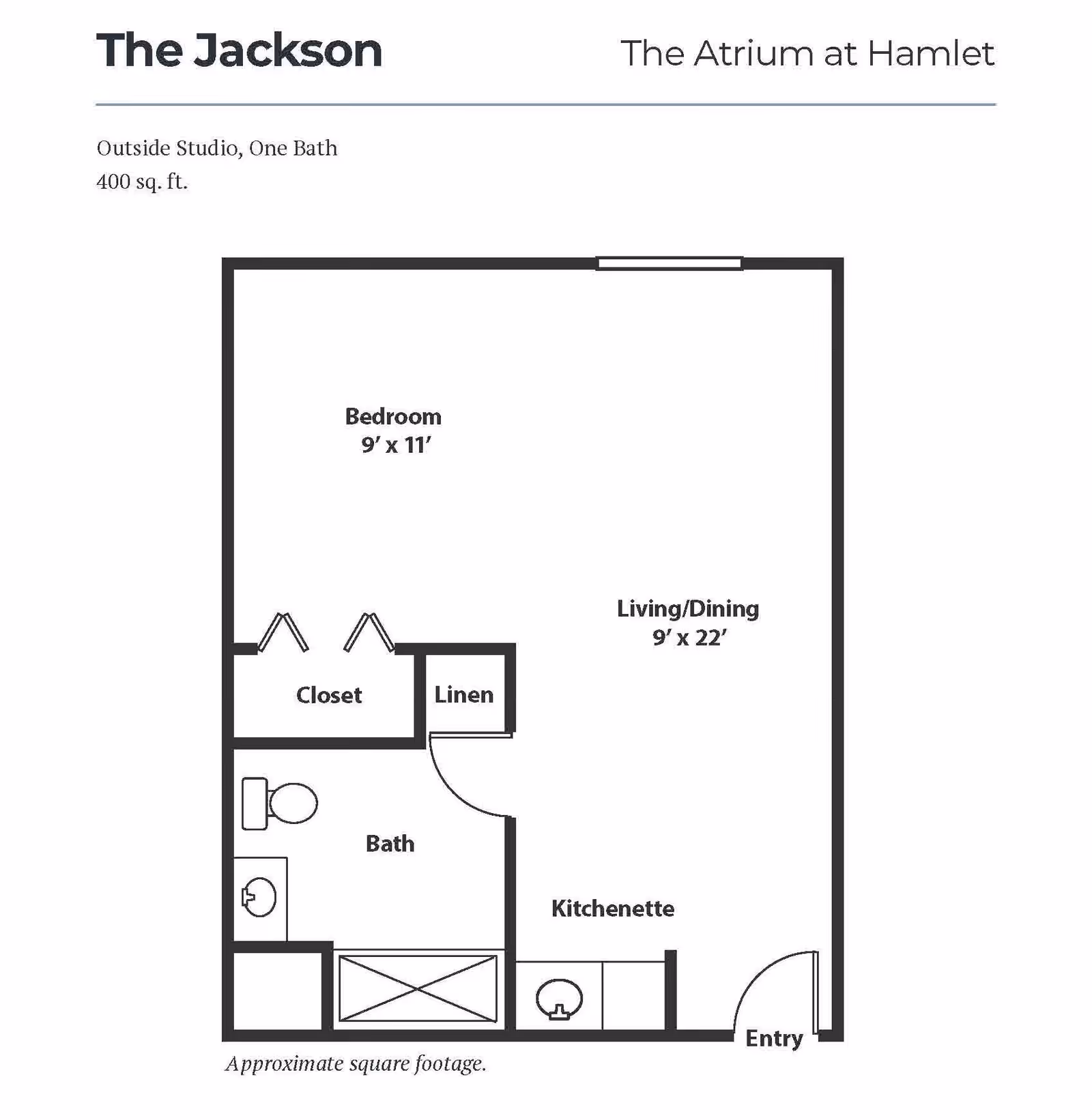 Floor plan of The Jackson, an outside studio with one bath at The Atrium at Hamlet, showing a 9x11 bedroom, closet, linen closet, bath, kitchenette, and a 9x22 living/dining area with an entry door.