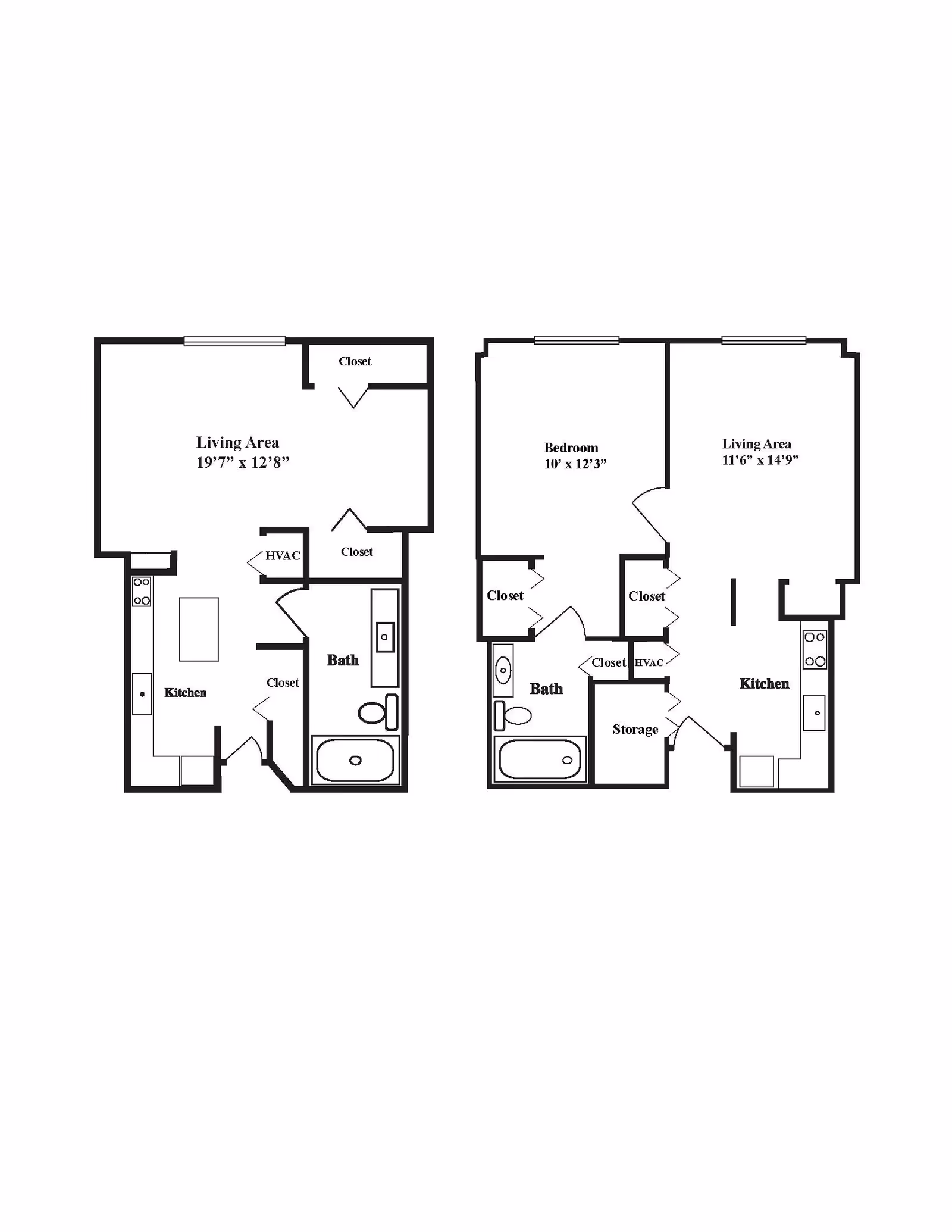 Architectural floor plan showing two apartment layouts. The left layout includes a living area, kitchen, bath, HVAC, and closets. The right layout includes a bedroom, living area, kitchen, bath, storage, HVAC, and closets with dimensions labeled for each room.