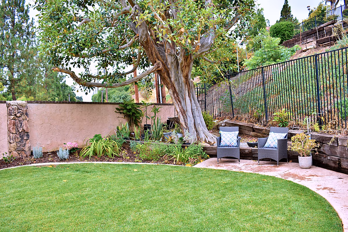 A landscaped outdoor yard with a large tree, green lawn, two wicker chairs with patterned cushions on a paved patio, and a retaining wall with a metal fence.