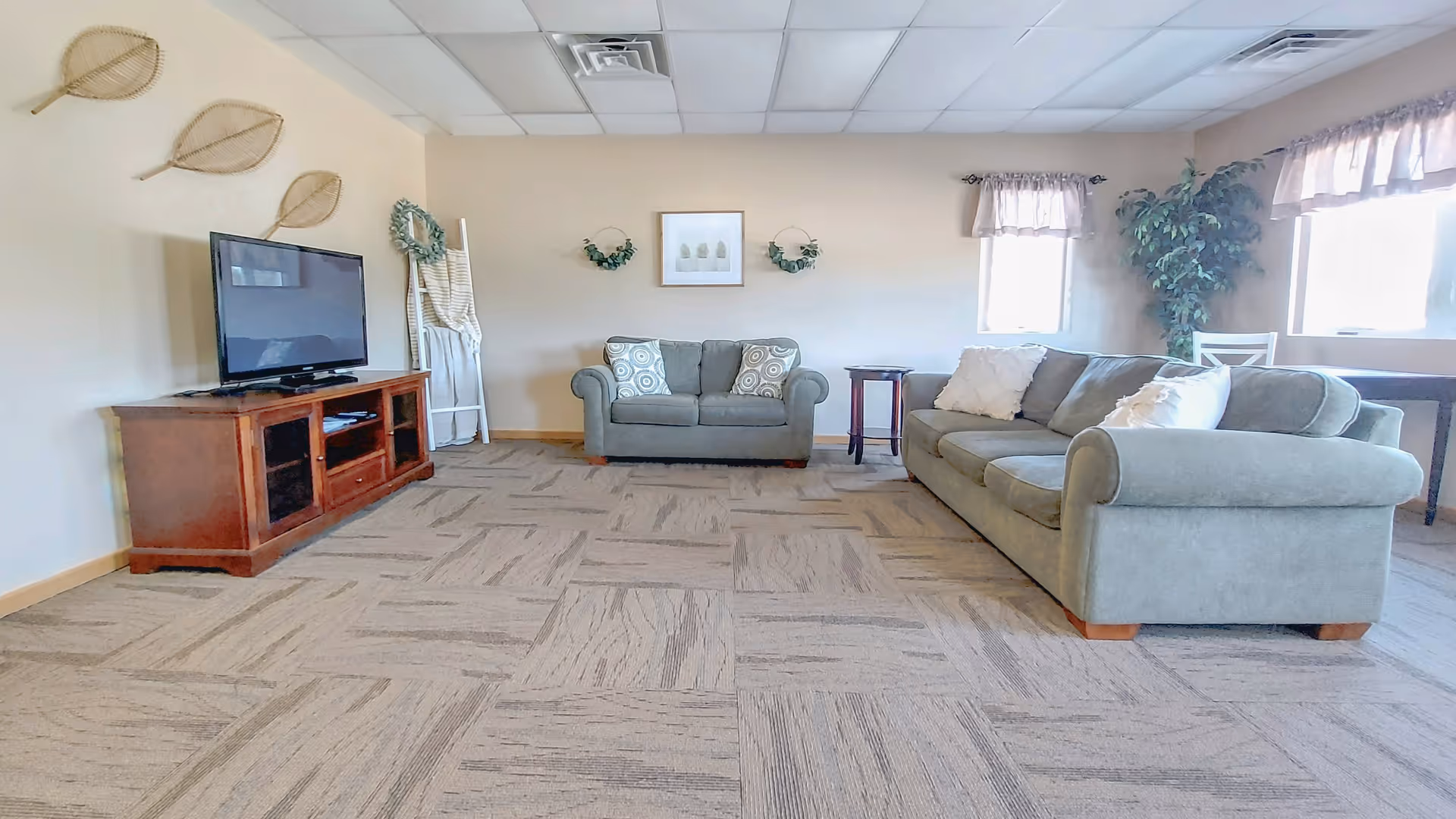 Bright communal living room with two sofas, a TV on a wooden cabinet, side tables, plants, and decorative wall accents.