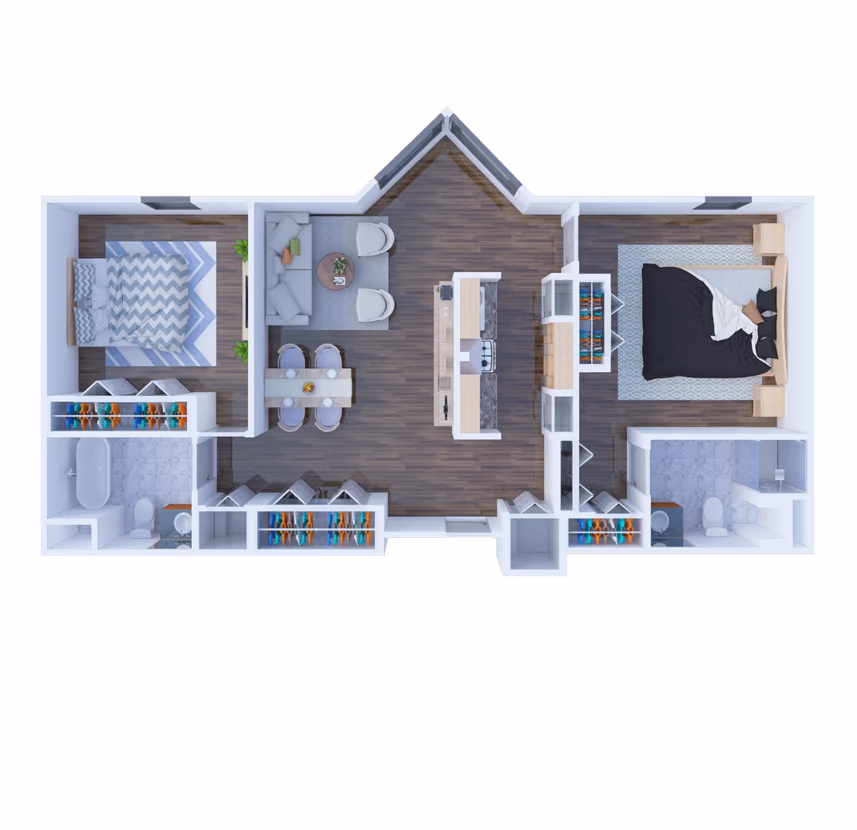Top-down 3D floor plan of an apartment featuring two bedrooms, two bathrooms, a kitchen with an island, a dining area with a table and four chairs, and a living area with a sofa and two armchairs. The flooring is dark wood, and the bathrooms have tiled floors.