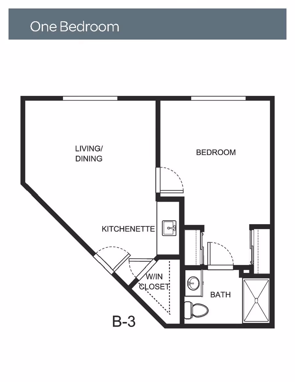Floor plan layout of a one-bedroom apartment at Holiday Grasslands Estates, showing a living/dining area, kitchenette, walk-in closet, bedroom, and bathroom.