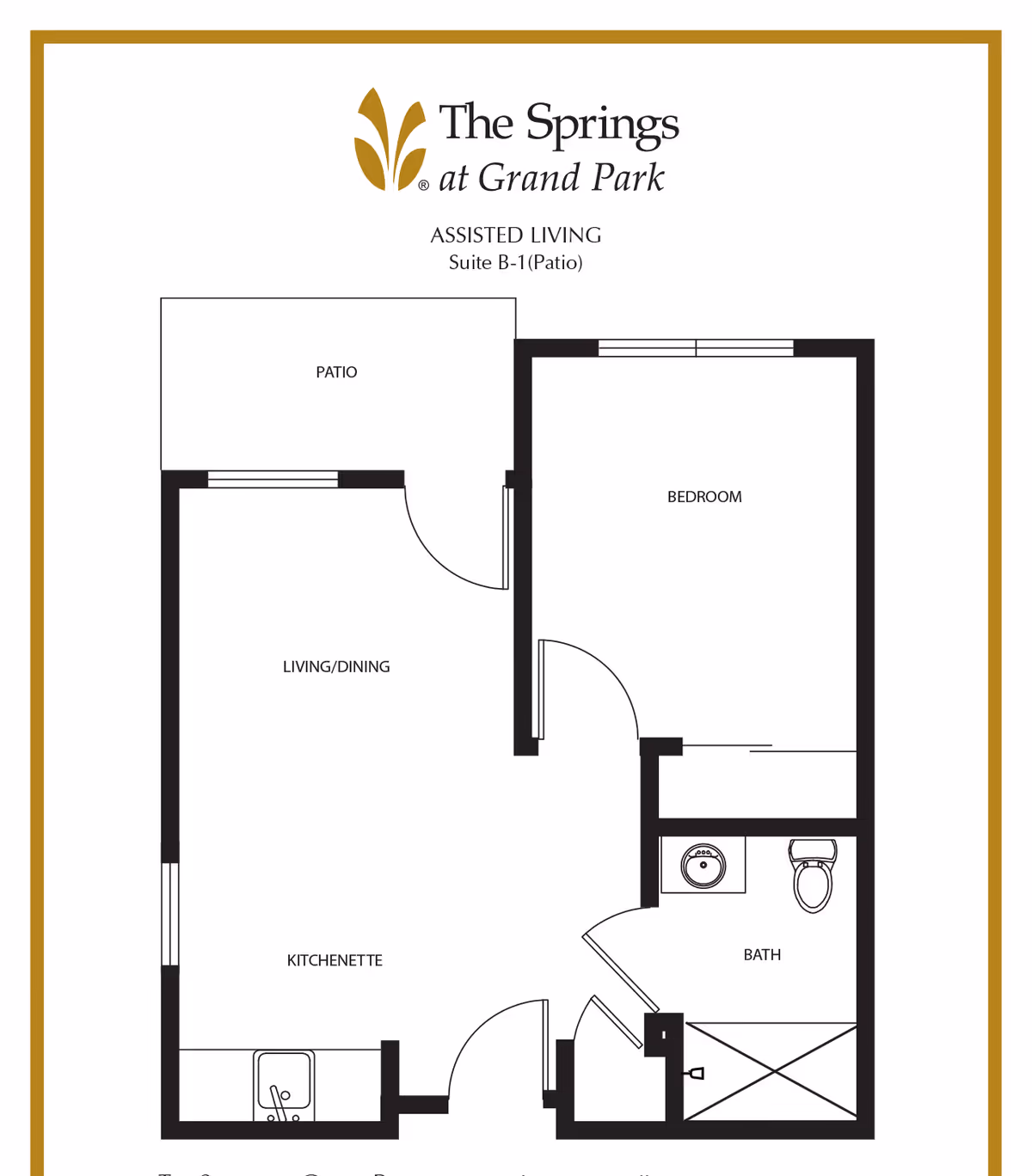 Floor plan of an assisted living one-bedroom suite (Suite B-1, Patio) showing a bedroom, living/dining area with kitchenette, bathroom, and a patio labeled The Springs at Grand Park.