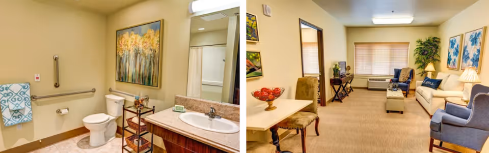 Left side shows a clean bathroom with a toilet, sink with countertop, towel rack with a patterned towel, grab bars, and a framed painting of trees on the wall. Right side shows a spacious living room with beige carpet, a white sofa with blue pillows, two blue armchairs, a coffee table, a small dining table with chairs, a TV on a stand, window blinds, and framed floral artwork on the walls.