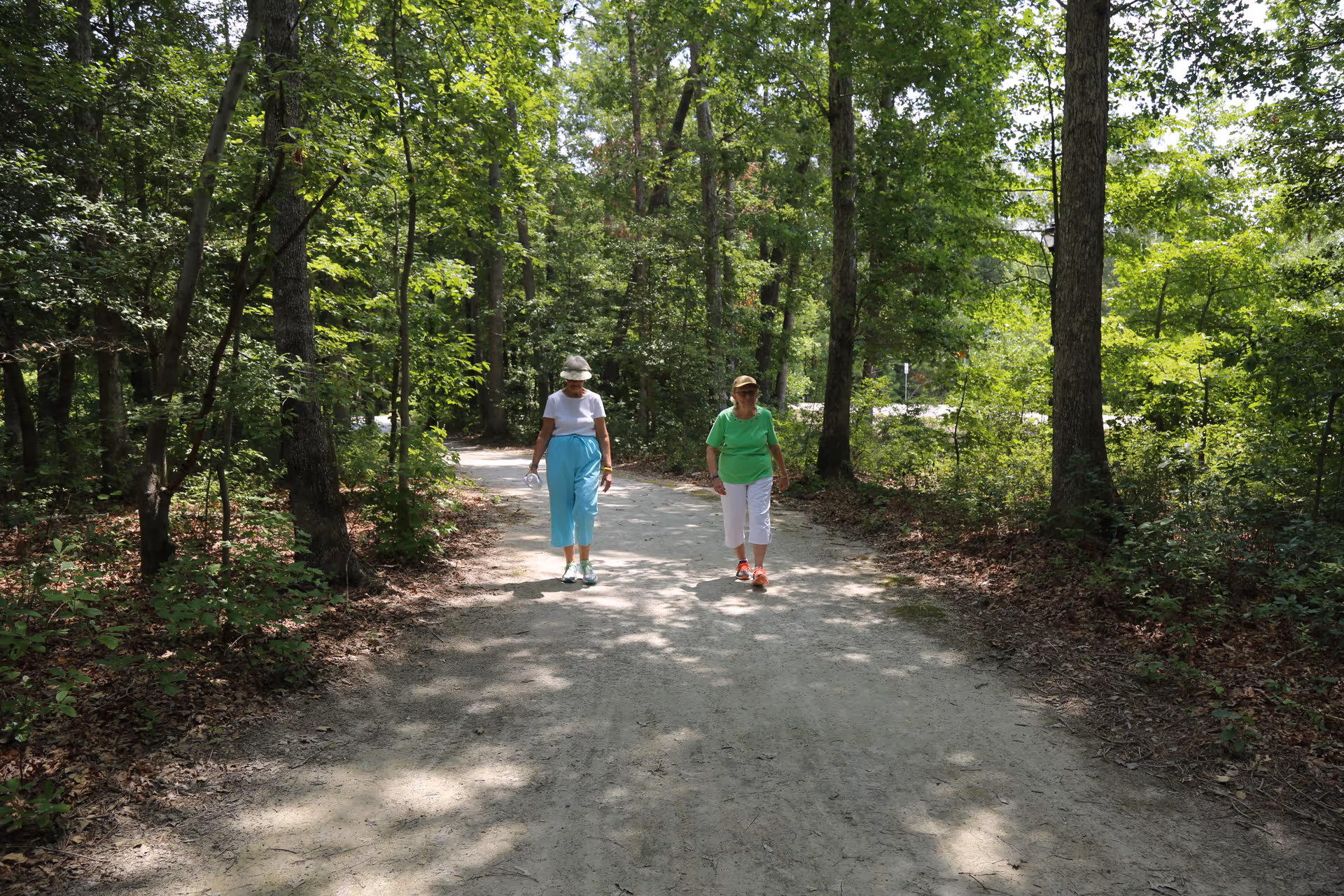 Two elderly women walking on a shaded dirt path surrounded by tall green trees and dense foliage on a sunny day.