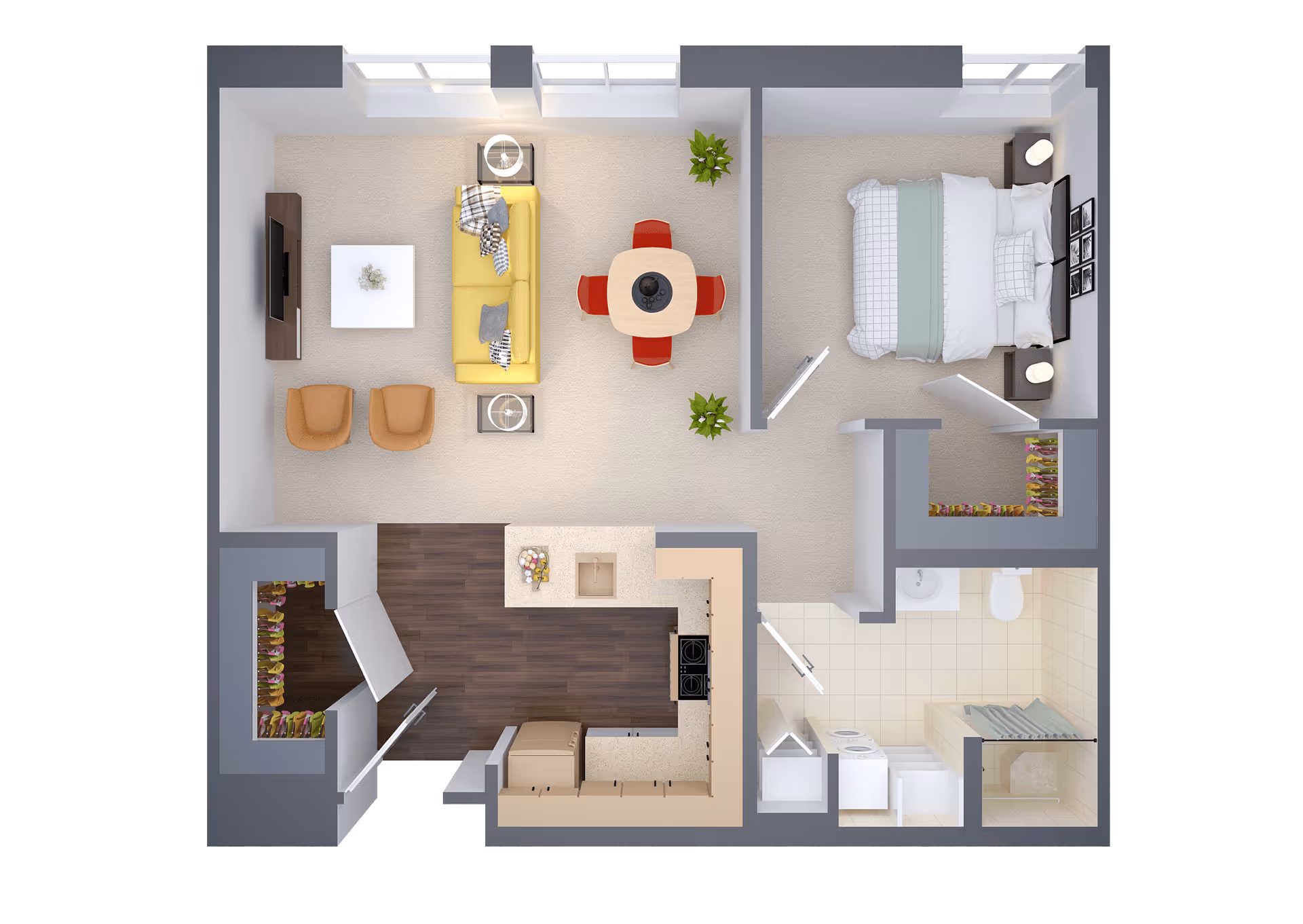Top-down view of a one-bedroom apartment floor plan showing a living room with a yellow sofa, two armchairs, a coffee table, and a TV. Adjacent to the living room is a small dining area with a round table and four red chairs. The kitchen has an L-shaped counter with appliances and a sink. The bedroom contains a bed with bedside tables and lamps. There is a bathroom with a shower, toilet, and sink, as well as a laundry area with a washer and dryer. Two closets are visible near the bedroom and entrance.