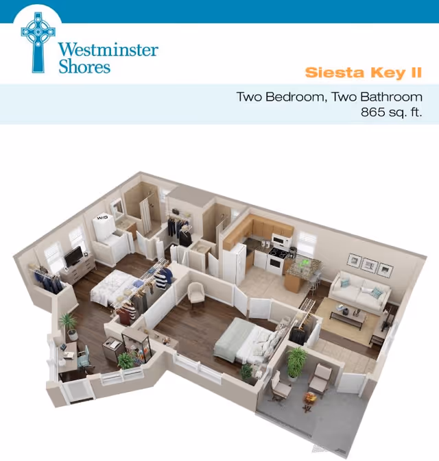 3D floor plan of Westminster Shores Siesta Key II apartment featuring two bedrooms, two bathrooms, a kitchen with appliances, a living room with sofa and TV, a dining area, and an outdoor patio with seating. The layout shows furniture placement and room divisions within an 865 sq. ft. space.