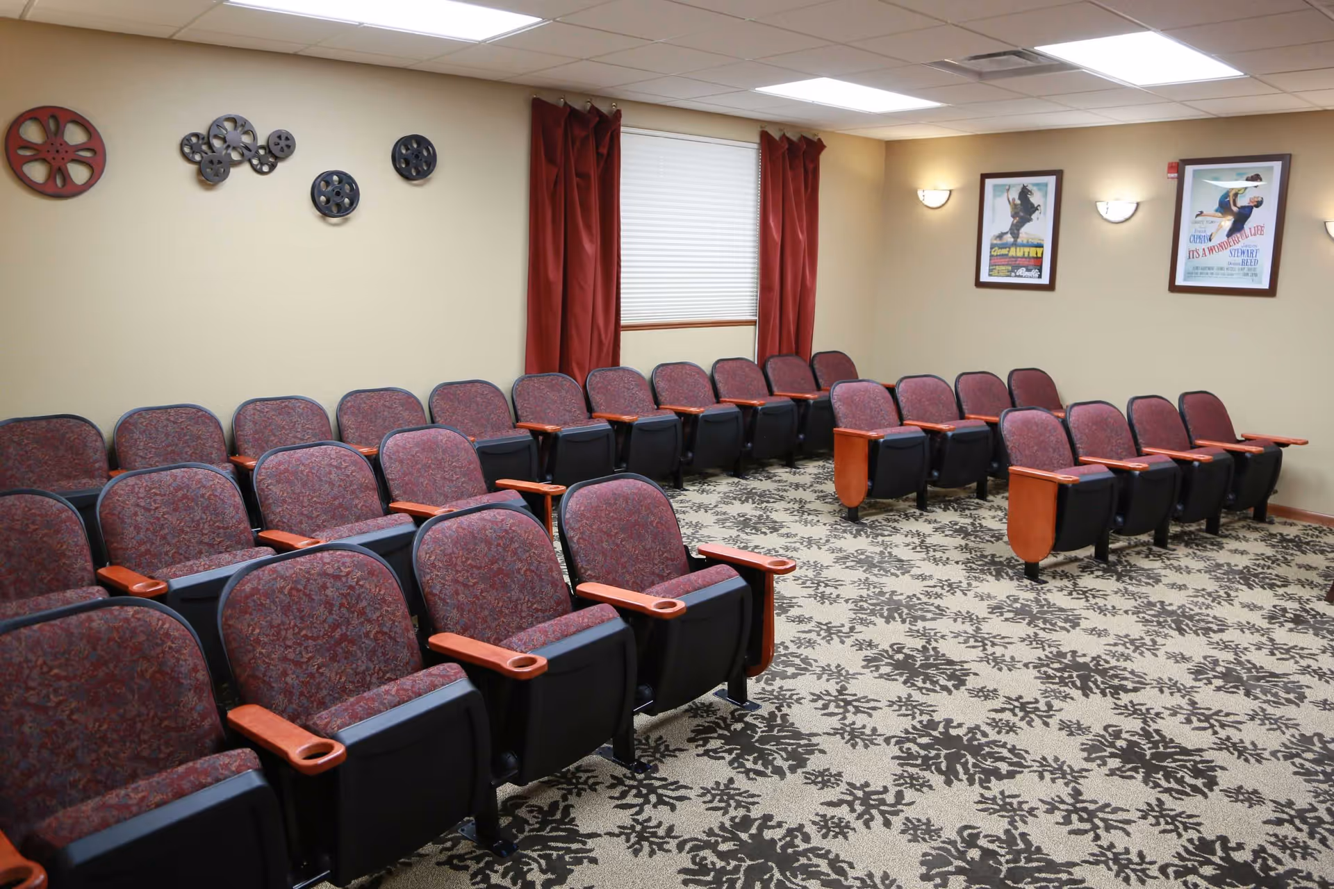 Small theater-style meeting room with rows of upholstered seats, patterned carpet, wall art and framed posters on the walls.