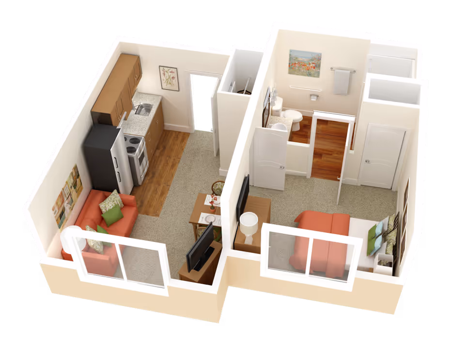 3D floor plan of a one-bedroom apartment featuring a living room with a red sofa and TV, a kitchen with appliances and cabinets, a dining area with a small table and two chairs, a bedroom with a bed and nightstand, and a bathroom with a toilet and sink.