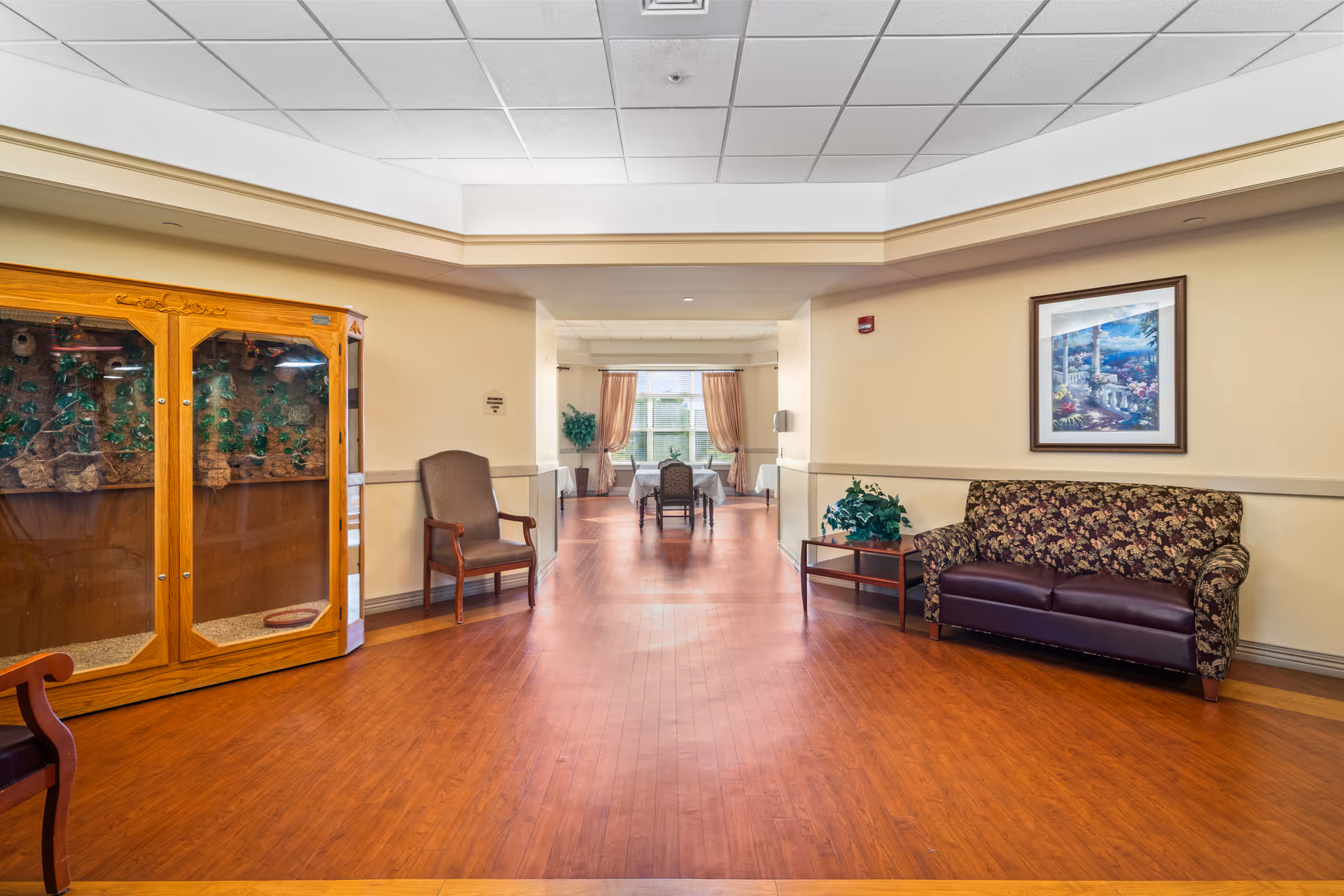 Interior view of a senior living facility hallway with wooden flooring, a floral-patterned sofa, chairs, a wooden display cabinet, a small table with a plant, and a framed painting on the wall. At the end of the hallway, there is a dining area with a table and chairs near windows with curtains.