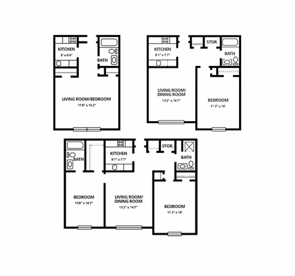 Architectural floor plans showing different apartment layouts with labeled rooms including kitchen, living room, bedroom, bath, and storage areas.