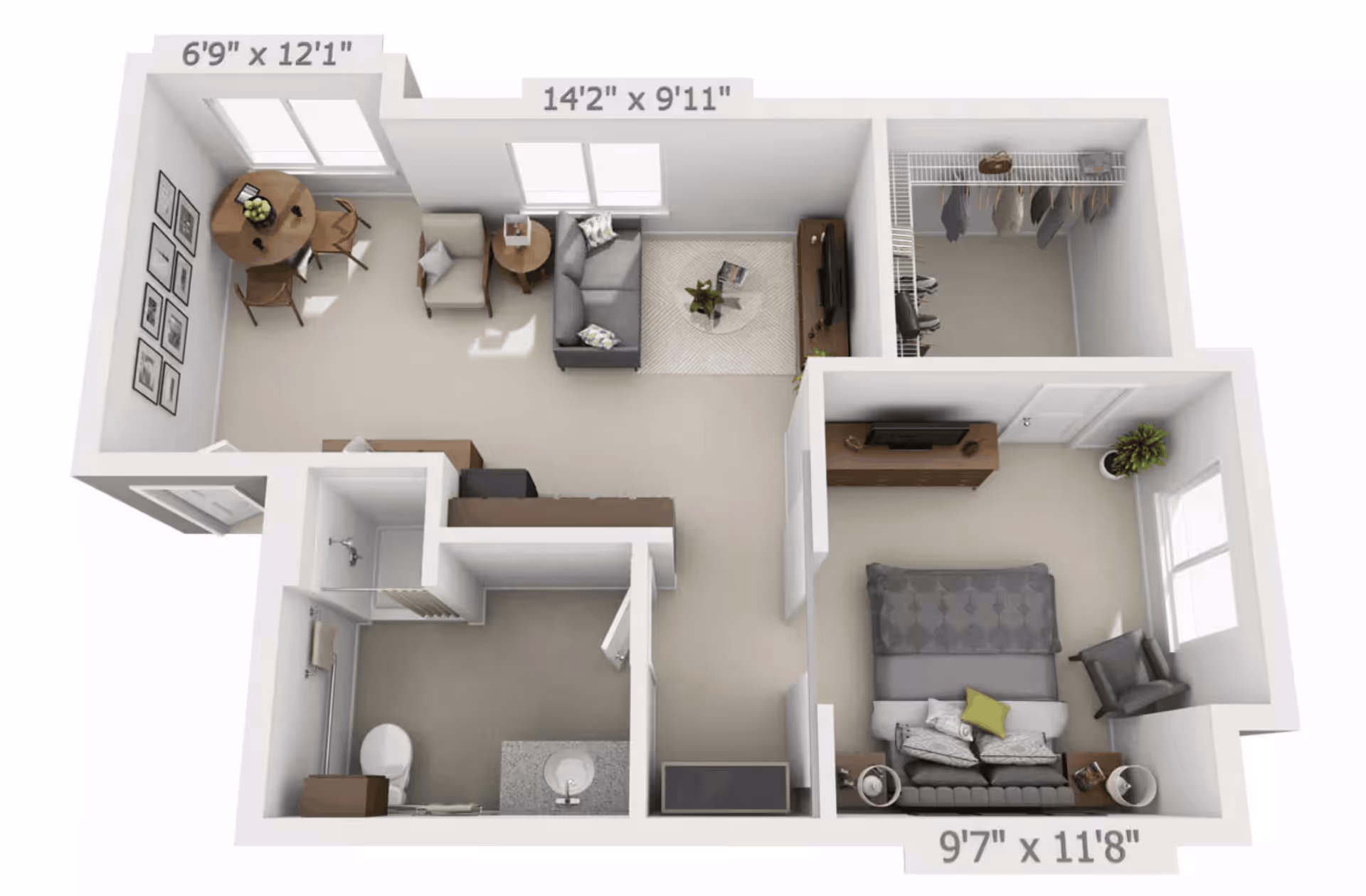 3D floor plan of a senior living apartment at Pine Grove Crossing showing a living room with sofa, armchair, coffee table, and TV, a dining area with a round table and chairs, a bedroom with a bed, armchair, TV, and dresser, a walk-in closet, and a bathroom with a shower, toilet, and sink.