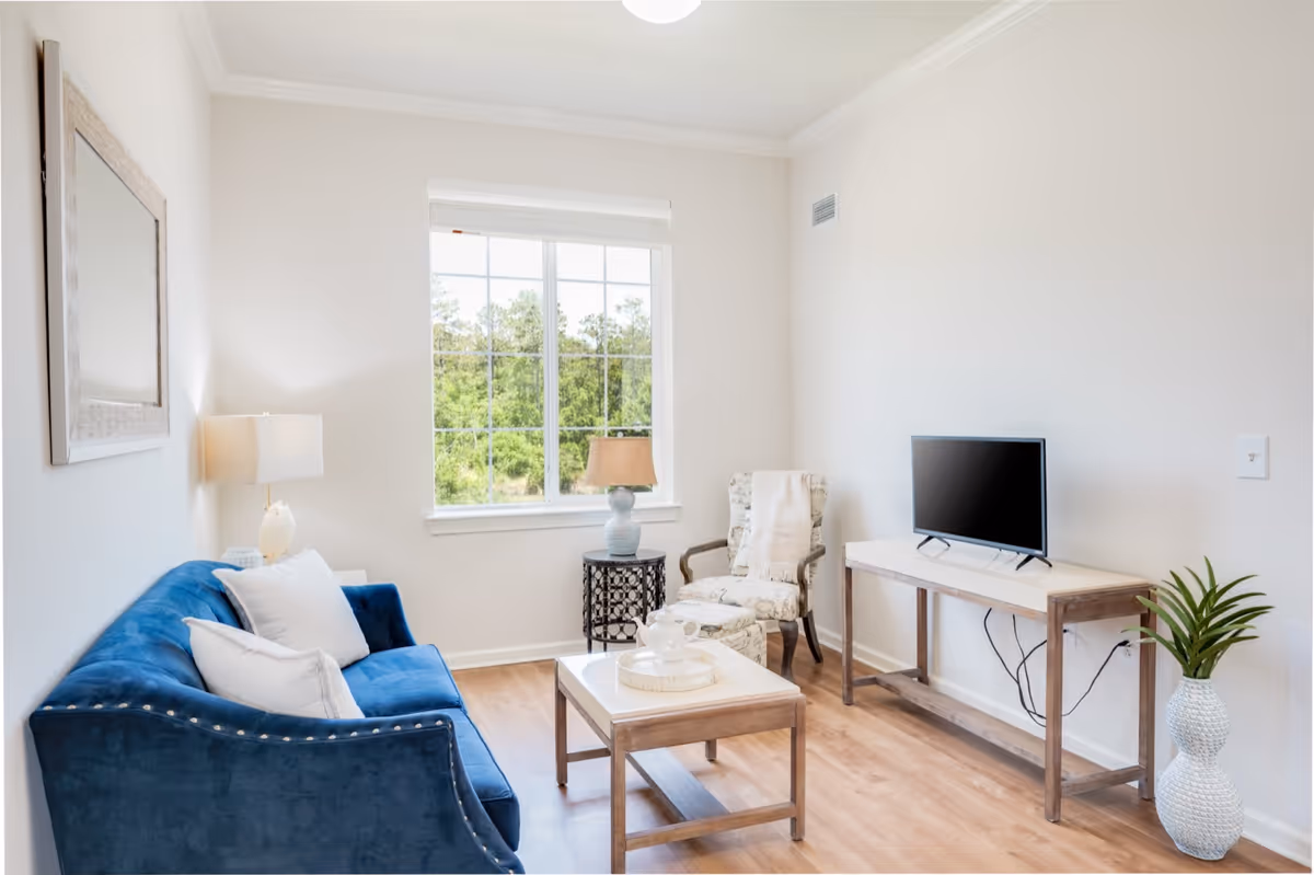 A bright living room with a blue velvet sofa adorned with white pillows, a wooden coffee table, a patterned armchair with a matching ottoman, a small side table with a lamp, a flat-screen TV on a wooden console table, and a decorative plant in a white vase. A large window lets in natural light and shows greenery outside.