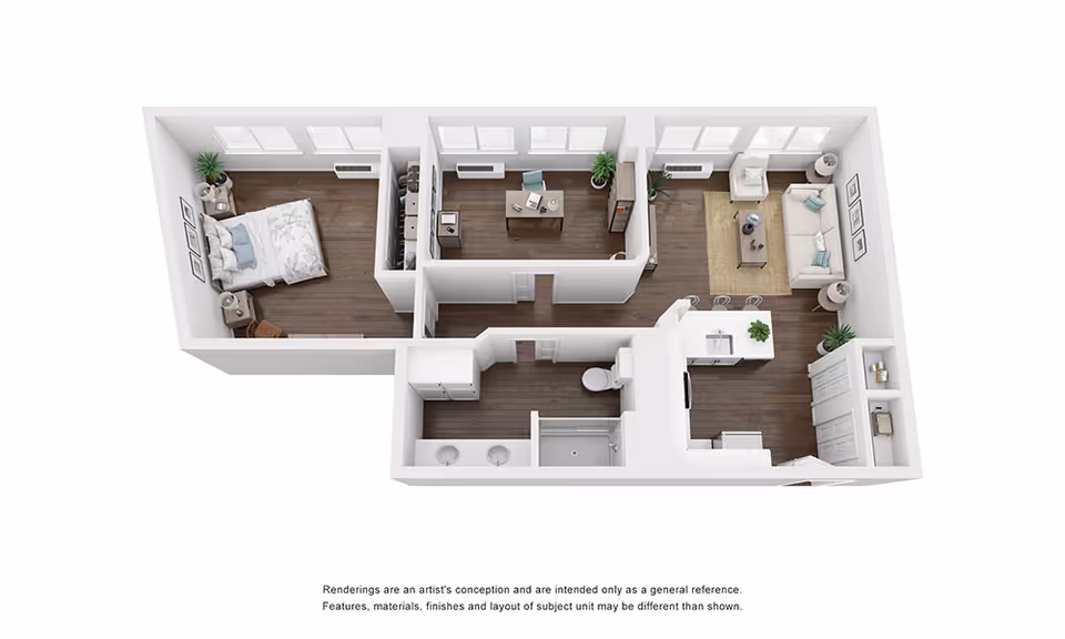 3D rendered floor plan of a one-bedroom apartment showing a bedroom, bathroom, kitchen with island, living room, and small office.