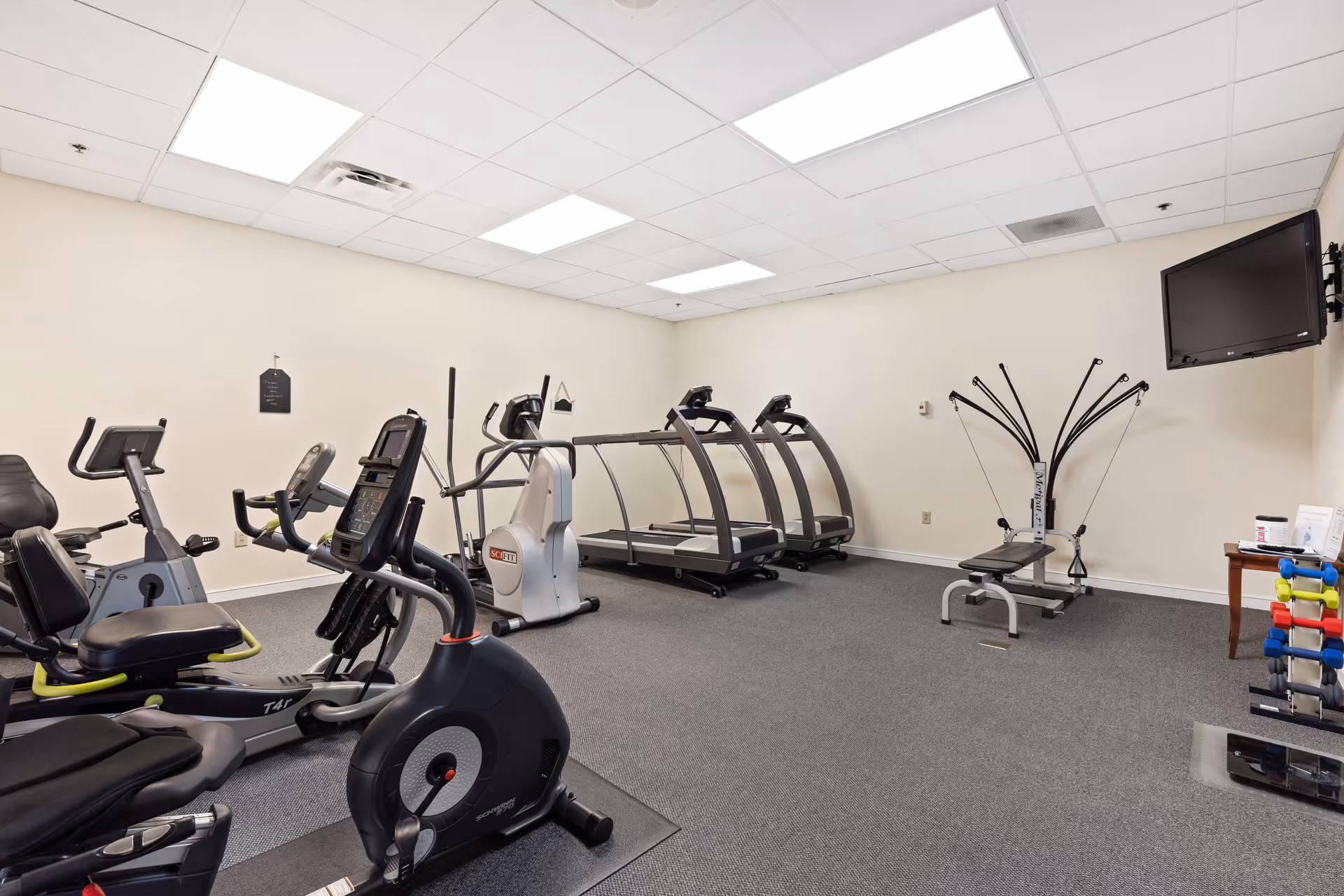 Empty fitness room with treadmills, stationary bikes, weight machines, free weights and a wall-mounted TV.