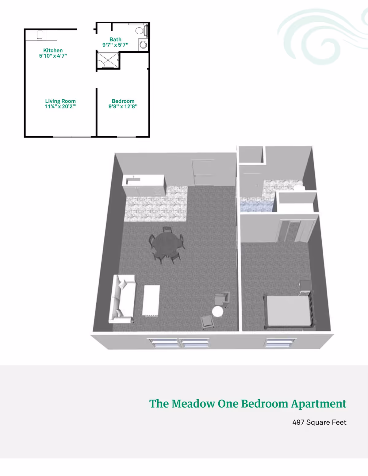 3D and 2D floor plan of a one-bedroom, one-bath apartment showing a living area, small kitchen, bedroom, and bathroom labeled 'The Meadow One Bedroom Apartment'.