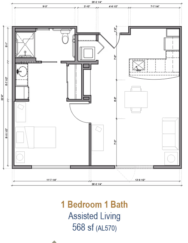 Black-background floor plan drawing labeled "1 Bedroom 1 Bath Assisted Living 568 sf".