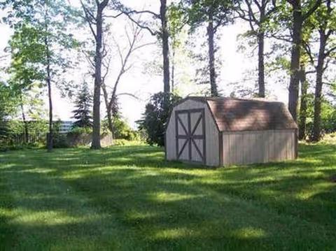 A small shed sits on a grassy lawn beneath tall trees.