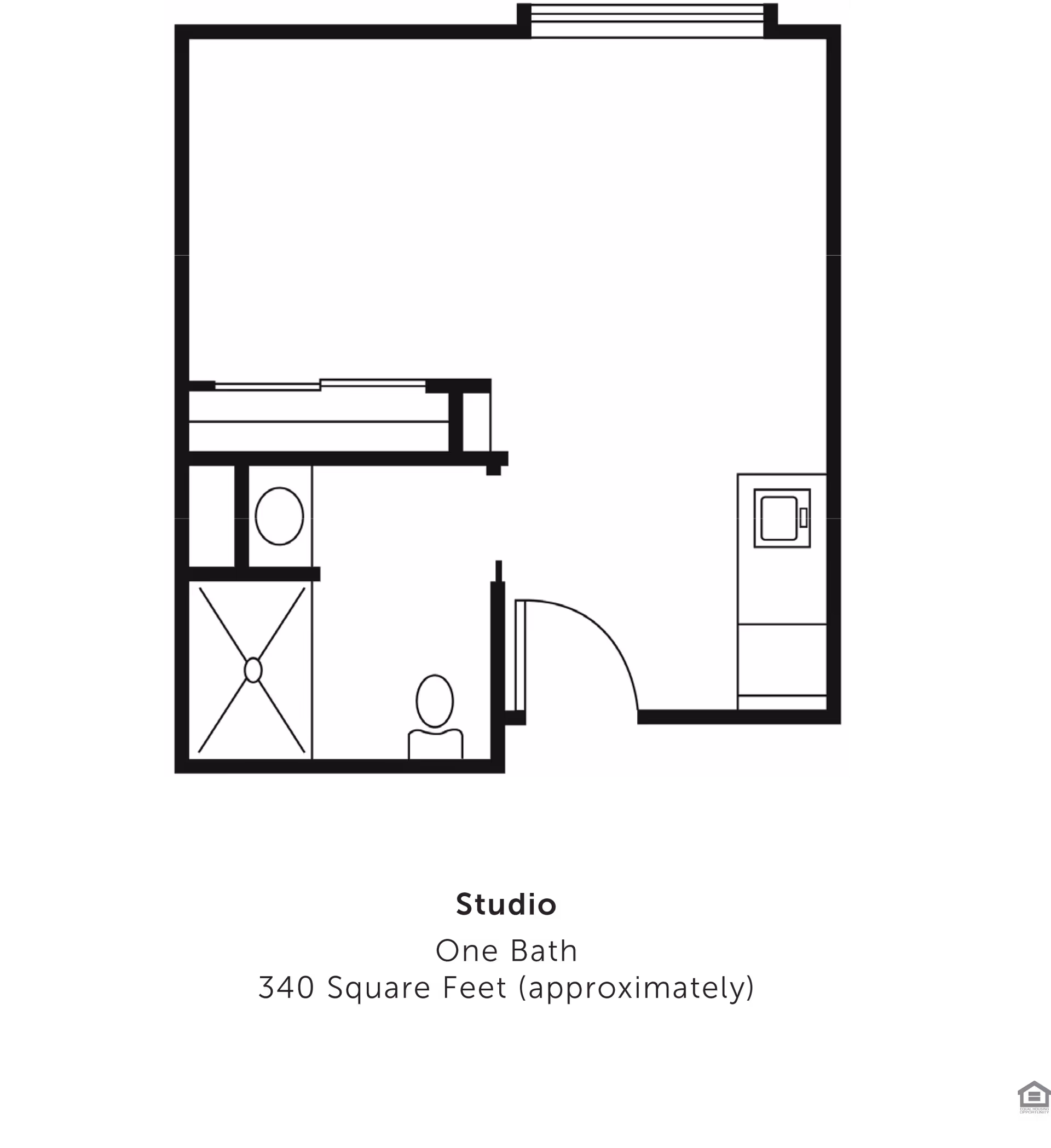 Floor plan of a studio apartment with one bathroom, approximately 340 square feet. The layout includes a main living area, a bathroom with a shower, toilet, and sink, and a small kitchenette area.