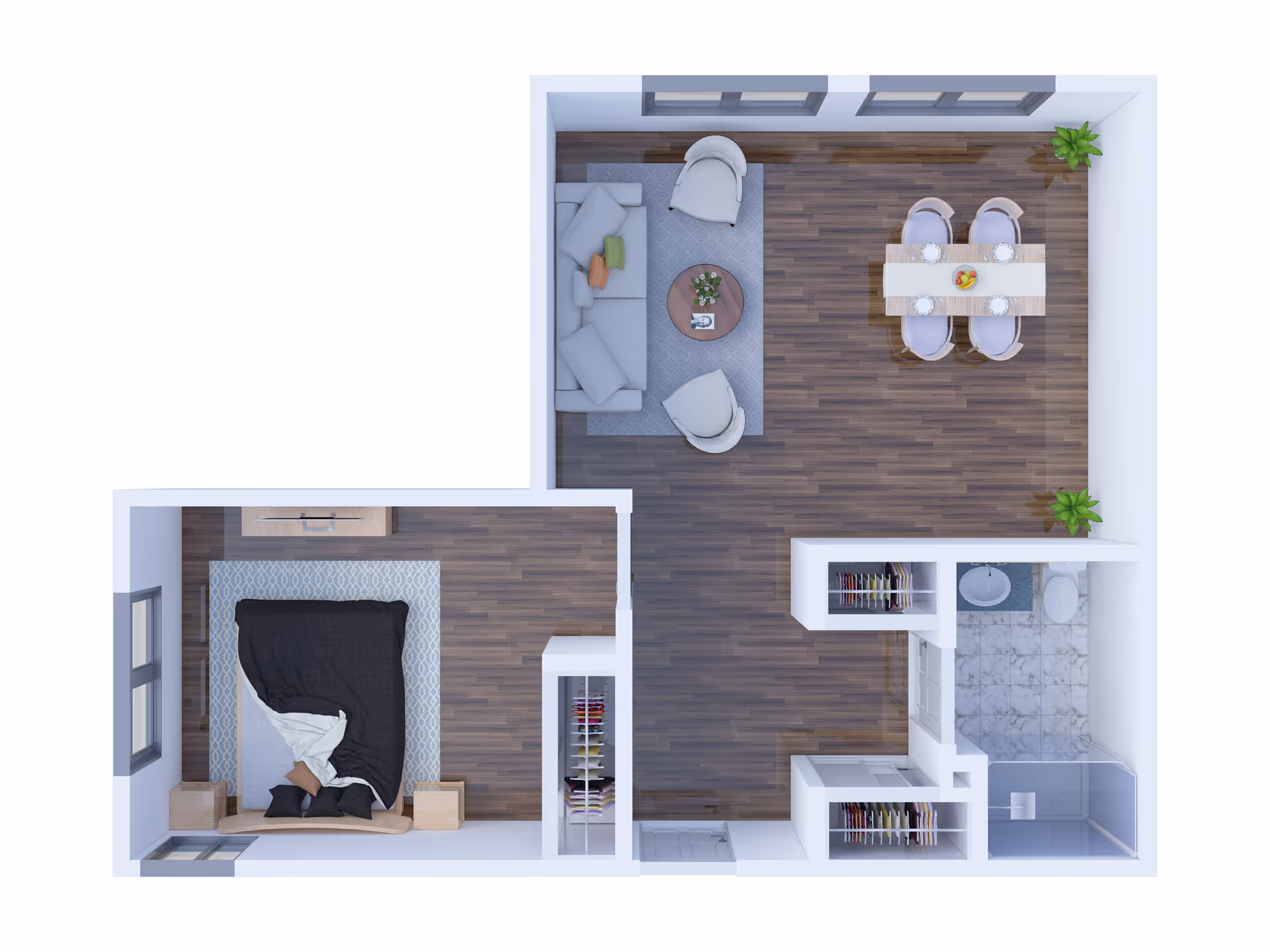 Top-down 3D floor plan of a one-bedroom apartment showing a living area with sofa and chairs, dining table, bedroom, bathroom, and closets.