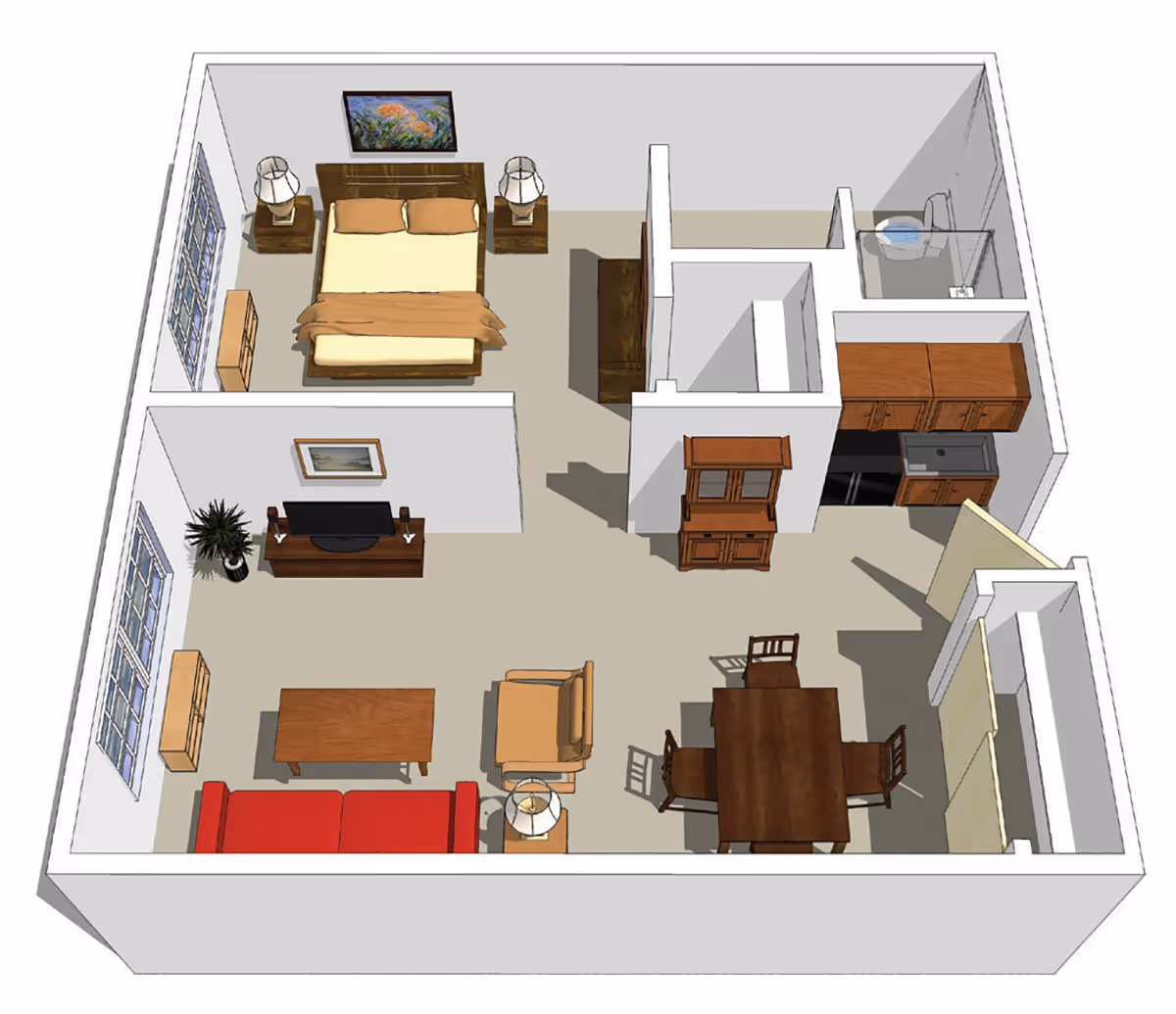 3D floor plan of a senior living apartment showing a bedroom with a bed and nightstands, a living area with a red sofa, armchair, coffee table, TV and plant, a dining area with a table and four chairs, a kitchen with cabinets, sink, and appliances, and a bathroom with a toilet and shower.