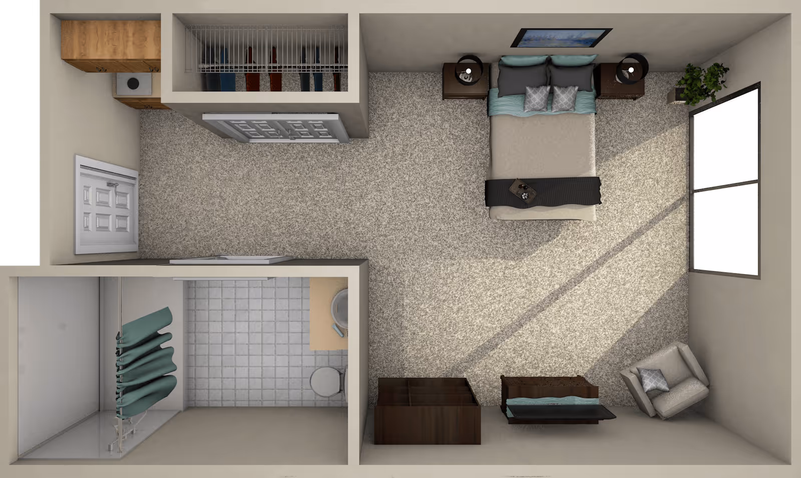Top-down view of a furnished bedroom with an attached bathroom. The bedroom includes a bed with pillows and a throw, two nightstands with lamps, a window letting in sunlight, a chair with a cushion, a dresser, and a bench at the foot of the bed. The bathroom has a shower with a curtain, a toilet, and a sink with a countertop. There is also a closet with sliding doors near the entrance.