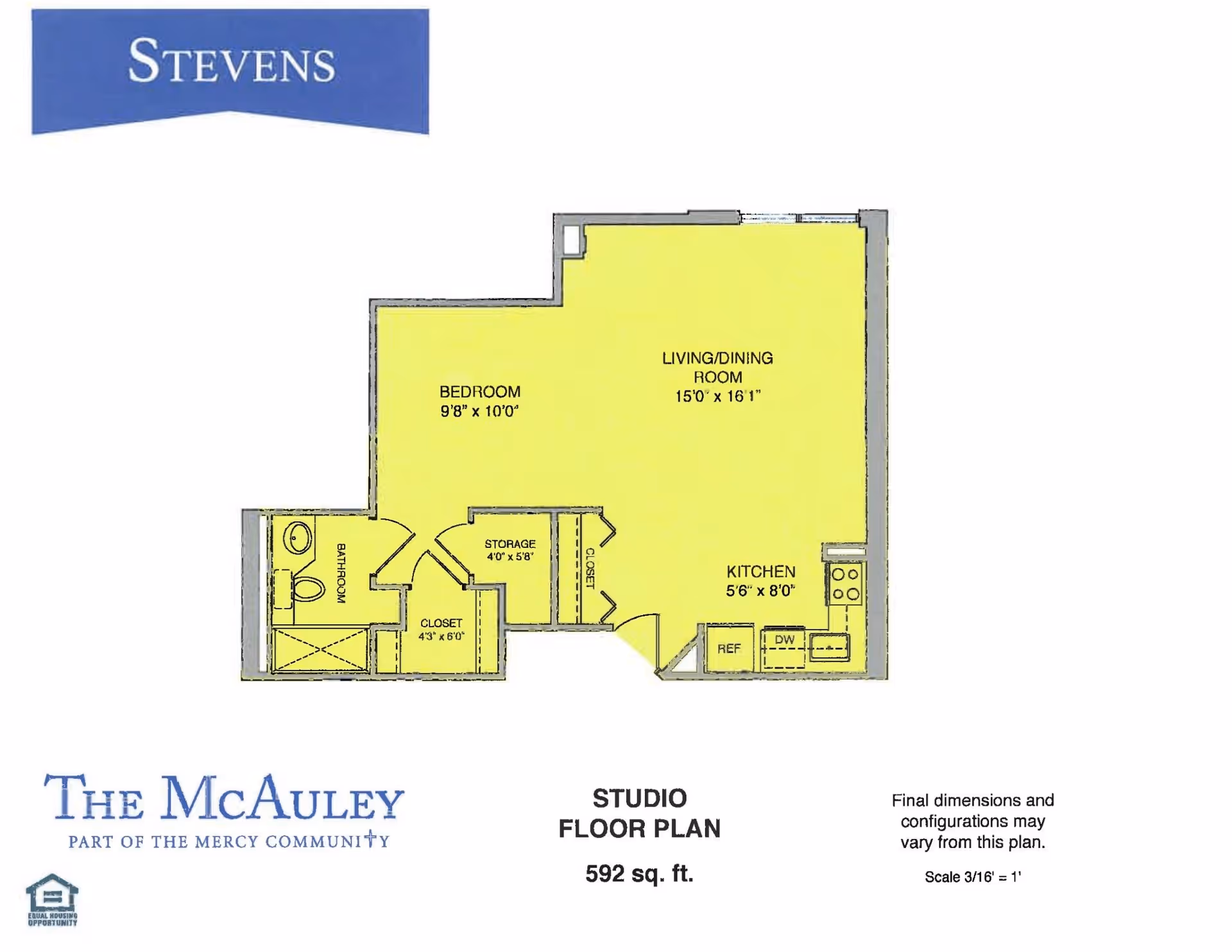 Floor plan of a studio apartment at The McAuley showing a bedroom, living/dining room, kitchen, bathroom, storage, and closets with dimensions.