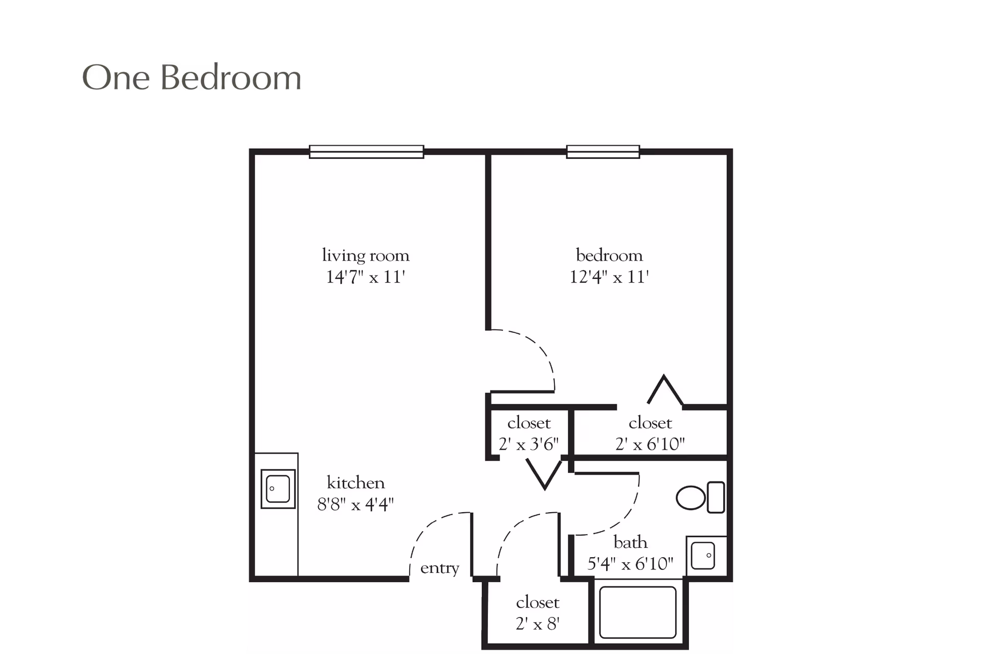 One-bedroom floor plan diagram showing a living room, kitchen, bedroom, bathroom and multiple closets with dimensions.