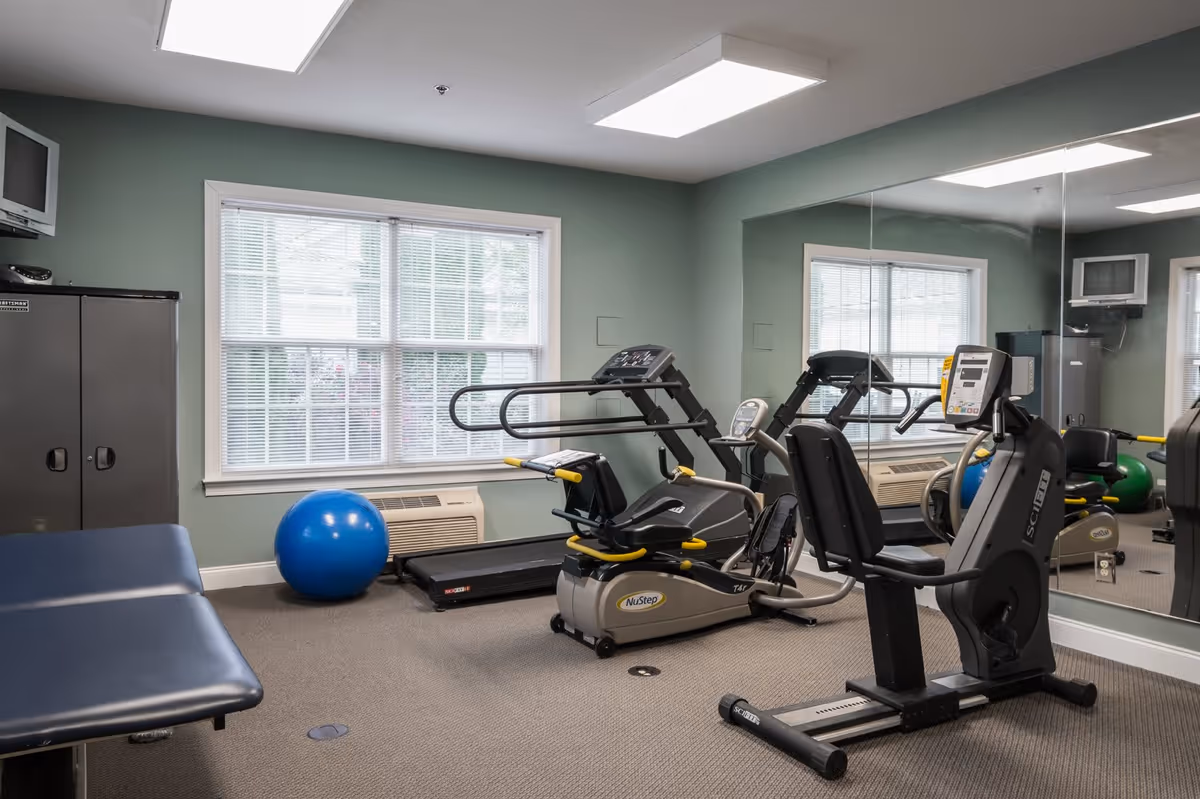 A small fitness room with exercise equipment including a recumbent bike, a treadmill, and a NuStep machine. There is a large mirror on one wall, a window with blinds, a blue exercise ball on the floor, a padded bench, and a metal storage cabinet. The walls are painted green and the room is carpeted.