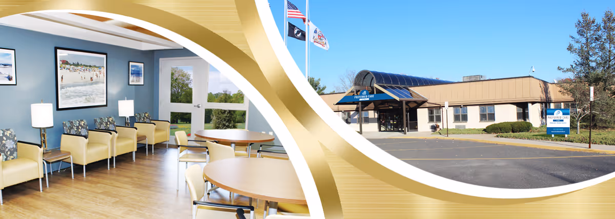 Promotional split image showing Preferred Care At Wall's exterior entrance with flags and sign and an interior common room with chairs, tables, and wall art.