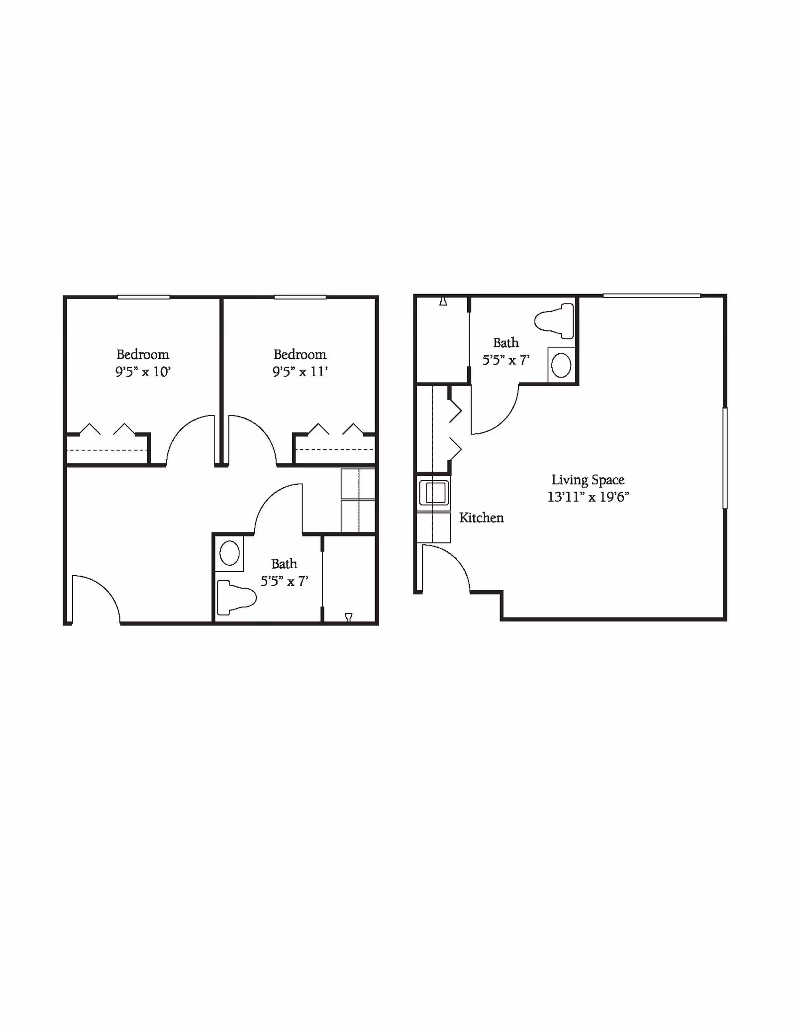 Architectural floor plan showing a two-story layout with two bedrooms and a bathroom on the first floor, and a kitchen, living space, and bathroom on the second floor. Dimensions for each room are labeled.