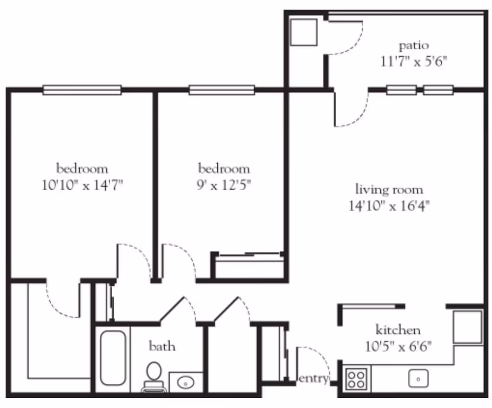 Floor plan of a living space at Atria Kinghaven showing two bedrooms, one bathroom, a kitchen, a living room, an entry area, and a patio. Dimensions for each room are included.