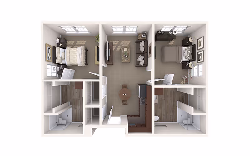 Top-down view of a two-bedroom apartment floor plan featuring two bedrooms on opposite sides, each with a bed, nightstands, and windows. The center area includes a living room with a sofa, coffee table, and TV, and a kitchen with dining table and chairs. Each bedroom has an adjacent bathroom with a shower.