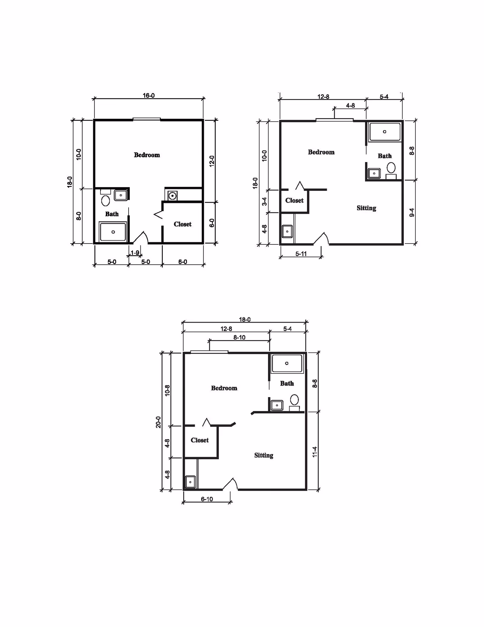 Architectural floor plans showing three different layouts of one-bedroom units with attached bathrooms, closets, and sitting areas. Each plan includes measurements for room dimensions and placement of fixtures.