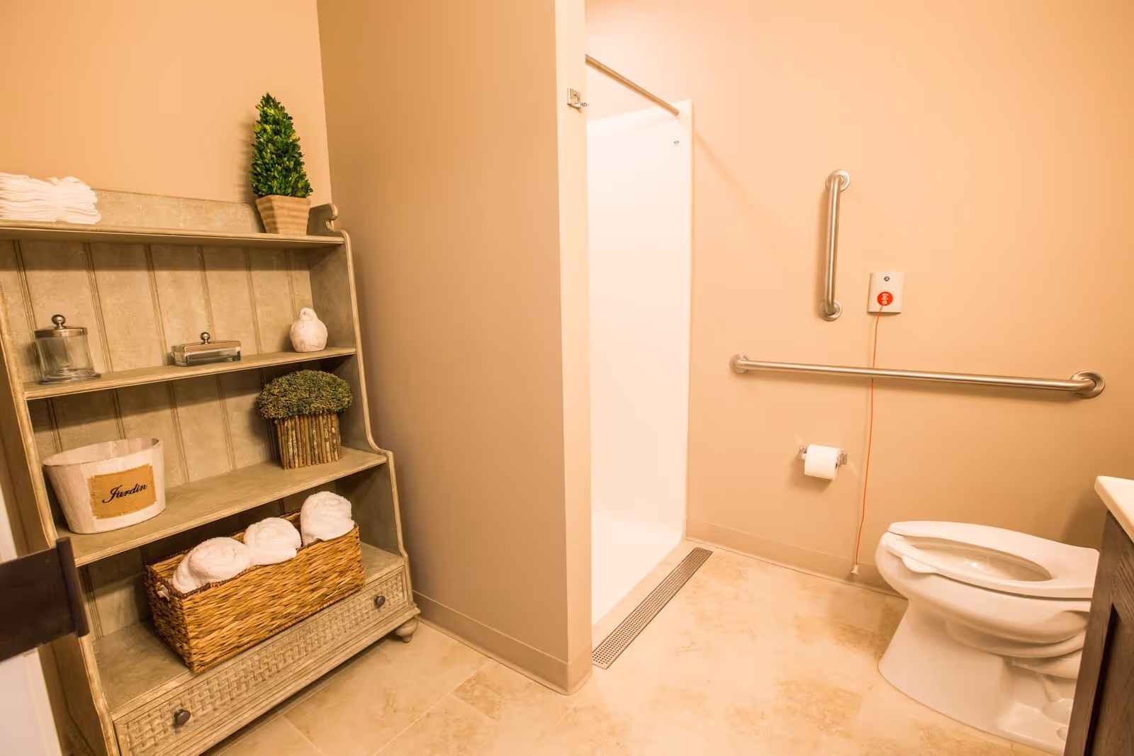 A clean and accessible bathroom featuring a toilet with grab bars on the wall, a walk-in shower with a grab bar, and a shelving unit holding rolled towels, decorative plants, and other small items.