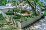 A fenced outdoor garden area with a small pathway, surrounded by trees and greenery, adjacent to a building with multiple windows.
