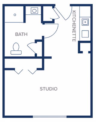 Floor plan layout of a studio apartment in State Street Assisted Living, showing a studio living area, a kitchenette, and a bathroom with a toilet and shower.