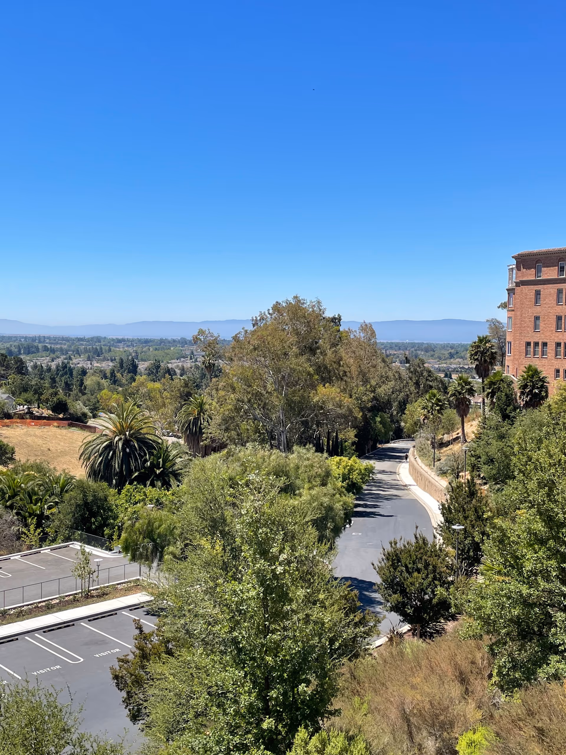 View of a winding road surrounded by lush green trees and vegetation with a clear blue sky overhead. A multi-story brick building is visible on the right side, and a parking lot with marked visitor spaces is seen on the left side. In the distance, there are more trees and hills under the clear sky.