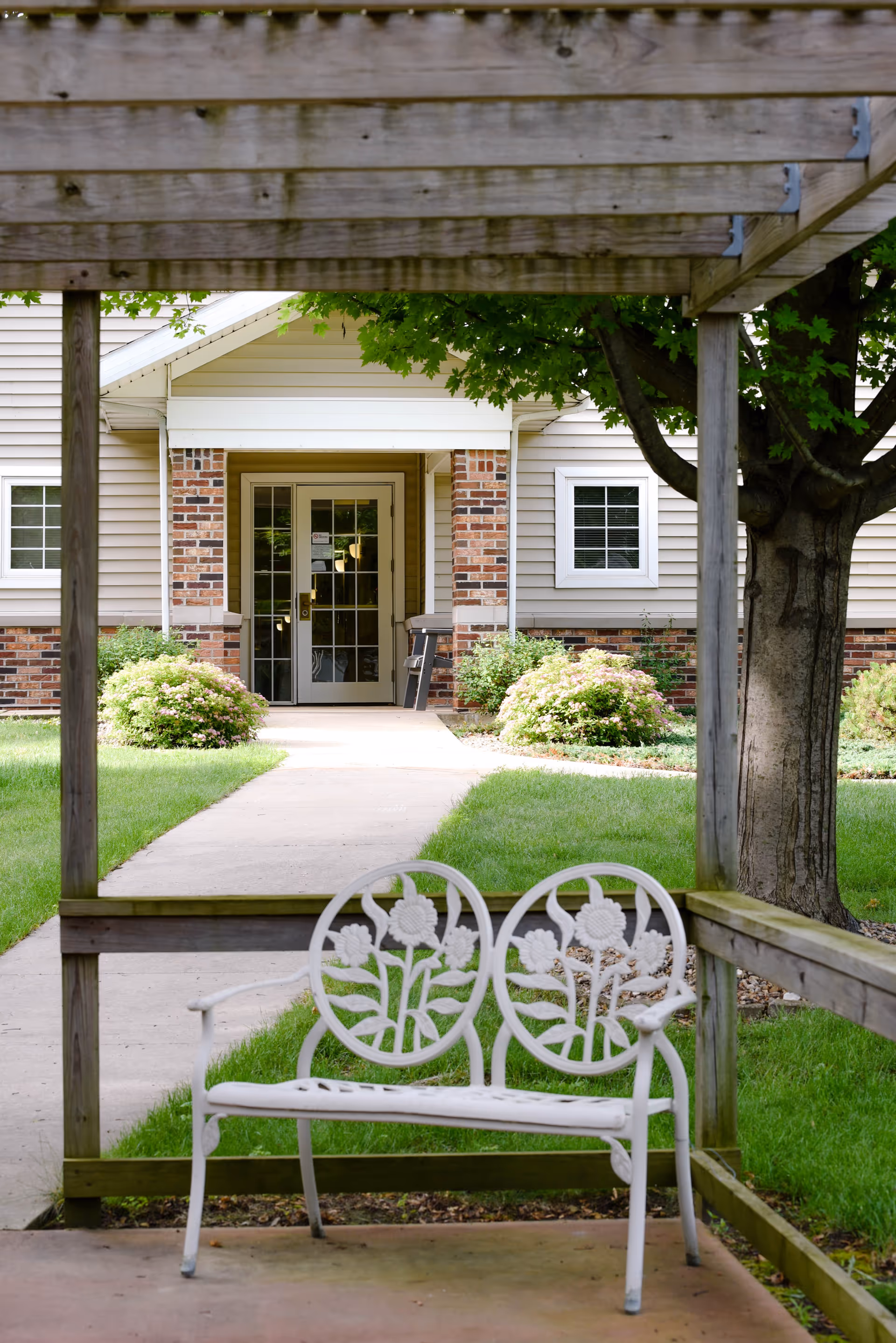 White metal bench with floral design under a wooden pergola in a garden area, with a concrete pathway leading to a building entrance with glass double doors, surrounded by green grass, bushes, and a tree.