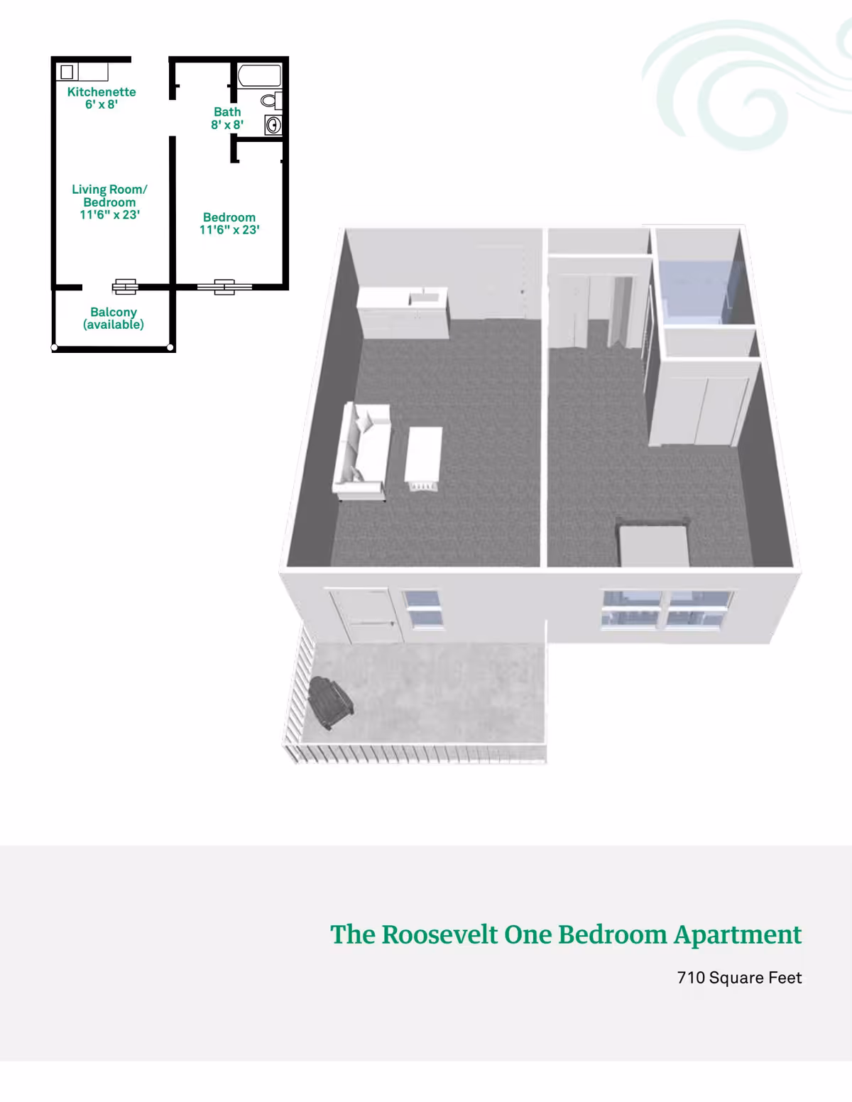3D floor plan and 2D layout of The Roosevelt One Bedroom Apartment at Rosewalk at Lutherwoods, showing a living room/bedroom area with kitchenette, a separate bedroom, a bathroom, and a balcony. The apartment is 710 square feet.