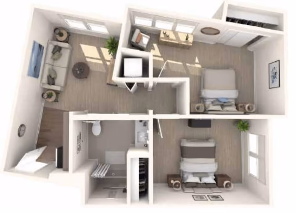 Top-down view of a two-bedroom apartment floor plan featuring a living room with a sofa and coffee table, a bathroom with a shower and toilet, and two bedrooms each with a bed and nightstands. The layout includes windows, plants, and some wall decorations.