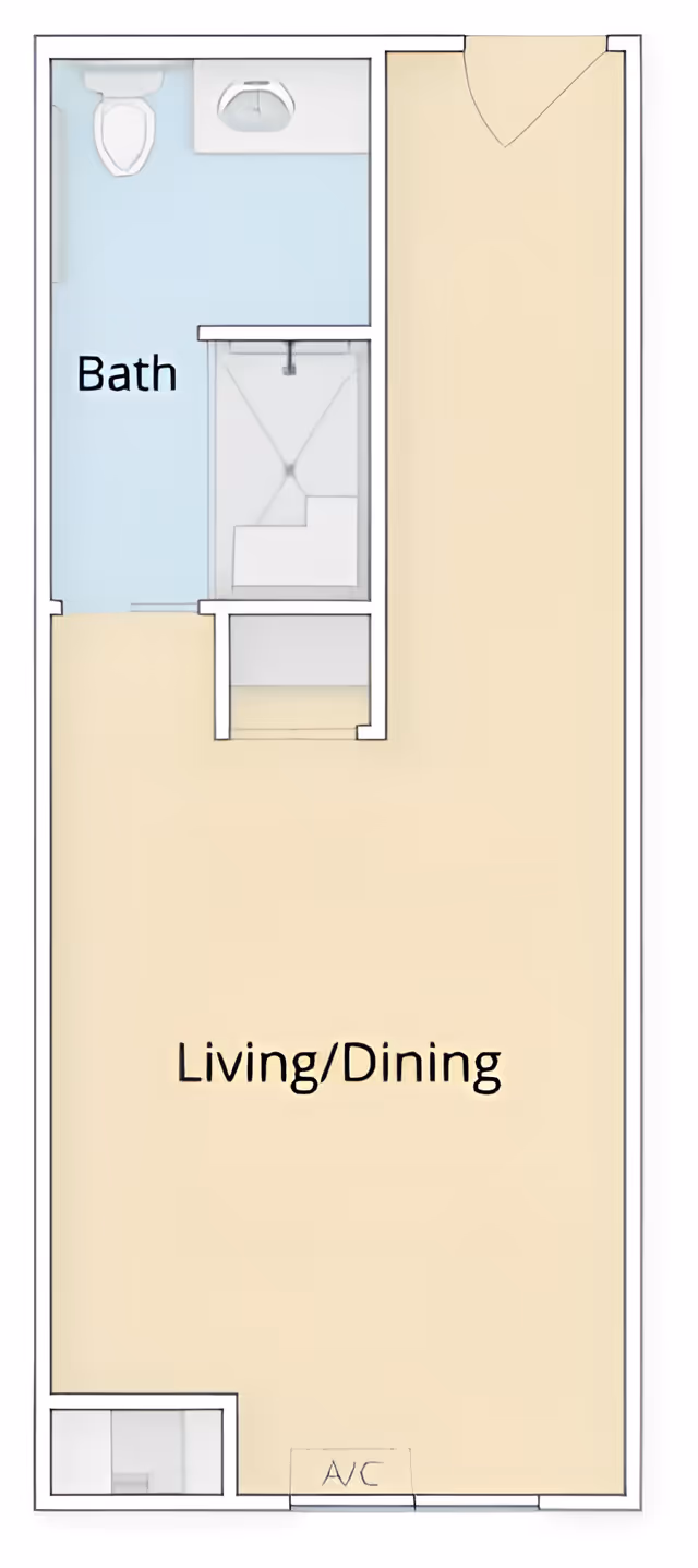 Floor plan layout showing a combined living and dining area labeled 'Living/Dining' and a bathroom labeled 'Bath' with a toilet, sink, and shower.