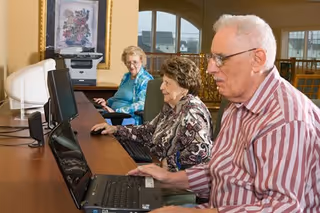 Three elderly individuals sitting at a long desk using computers in a well-lit room with large windows and framed artwork on the wall.