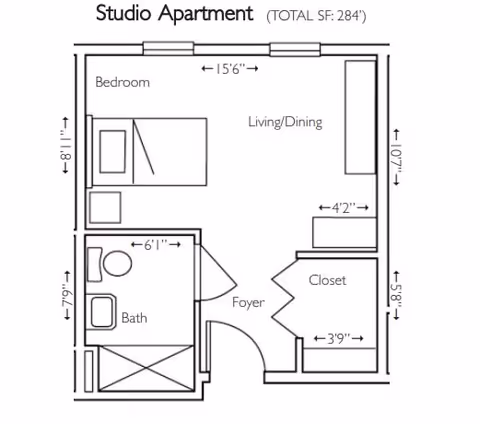 Floor plan of a studio apartment with a total area of 284 square feet. The layout includes a bedroom area with a bed and nightstand, a combined living and dining area, a bathroom with a toilet and bathtub, a foyer, and a closet. Dimensions of each area are marked.