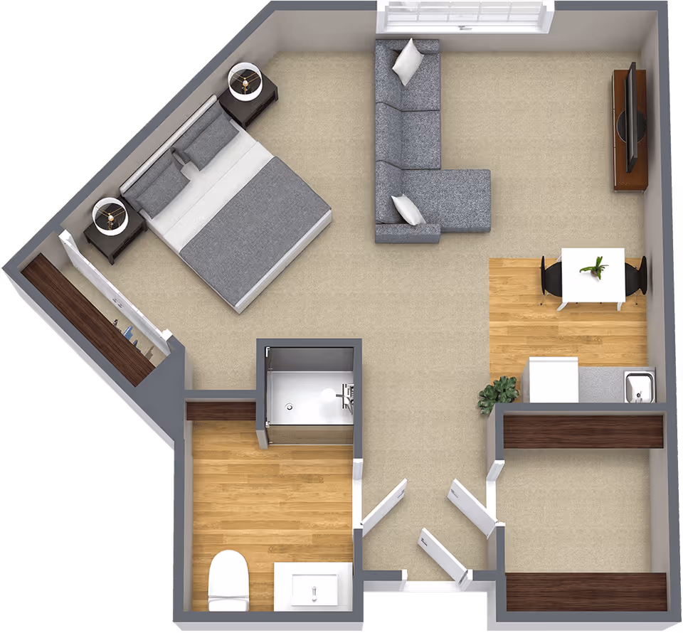 3D floor plan of a senior living facility unit at Cordata Court showing a bedroom with a bed and two nightstands, a living room with a sectional sofa and TV, a small dining area with a table and two chairs, a kitchenette with a sink and refrigerator, a bathroom with a toilet, sink, and shower, and two closets.